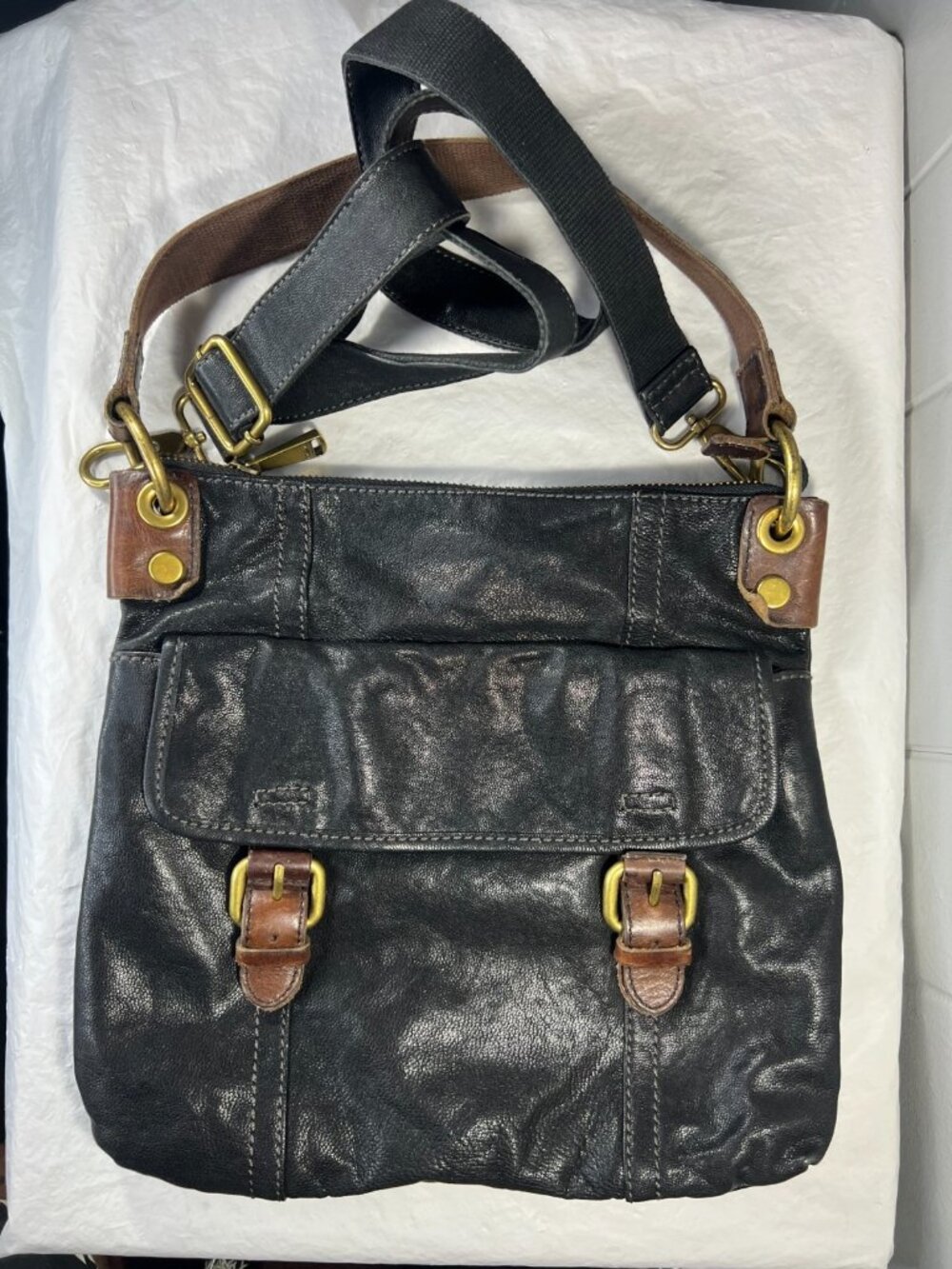 Fossil Morgan Traveler Black Pebbled Leather Crossbody Bag Organizer Messenger